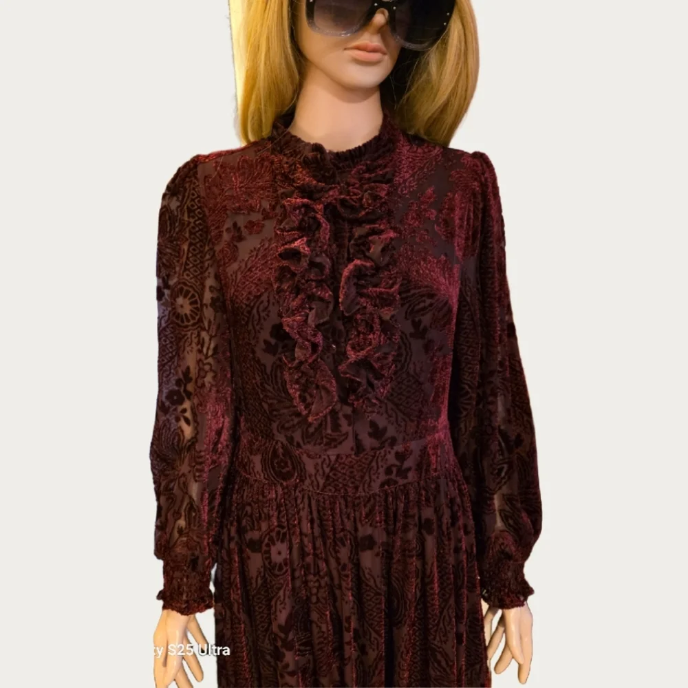 MOTF FLORAL FLOCKING Velvet Long Sleeve Dress in Deep Burgundy  M - Picture 9 of 16